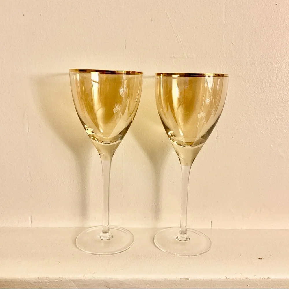 Anthropologie Gold Rim Iridescent Amber Wine Glasses 9.25” Set of 2 - Picture 2 of 6